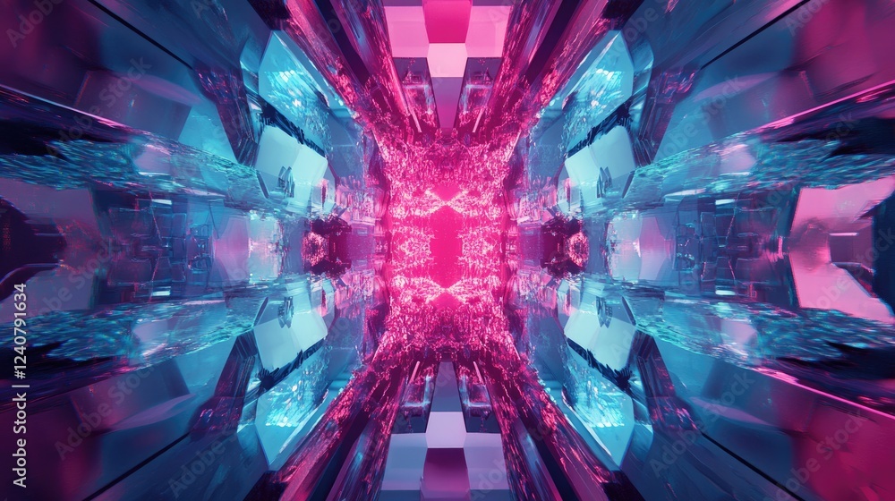 Poster Vibrant cyan and magenta hexagonal shapes arranged in a layered design, creating a futuristic, dynamic effect.