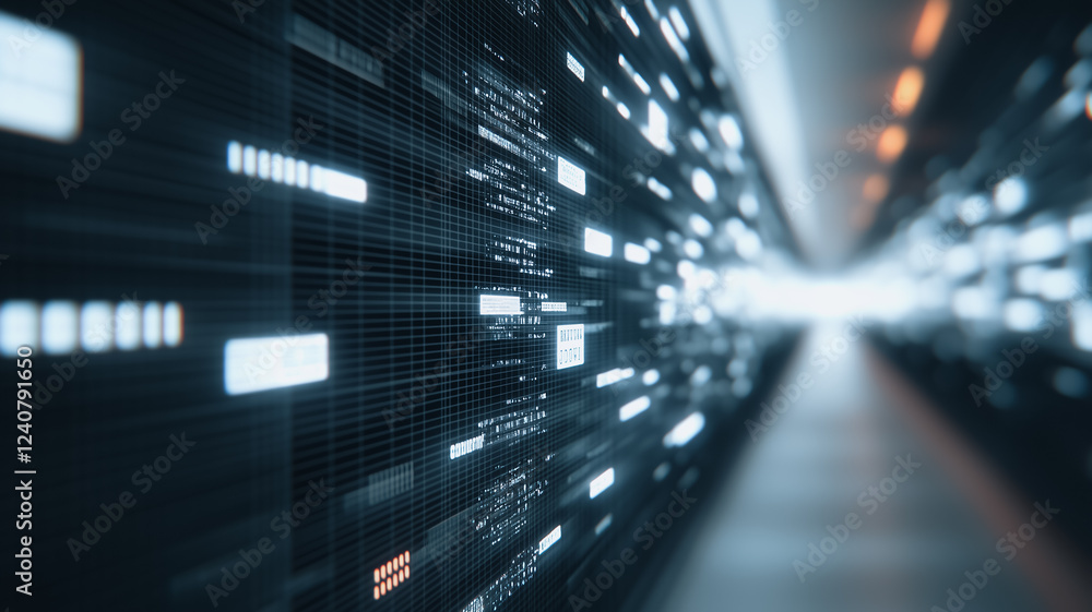 Poster data center corridor: an abstract perspective down a long corridor of server racks, filled with glow