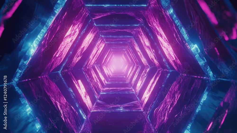 Poster Vibrant cyan and magenta hexagonal shapes arranged in a layered design, creating a futuristic, dynamic effect.