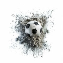 Naklejka premium Soccer ball exploding with mud and water creating a dynamic and powerful splash on a clean white background
