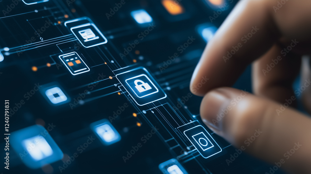 Poster cybersecurity: fingertip control over digital security. a hand interacts with a digital interface sh
