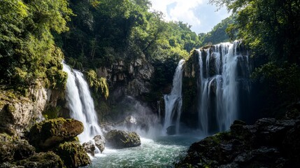 Fototapeta premium Cascading waterfalls in lush green forest nature photography scenic landscape tranquil environment vibrant viewpoint
