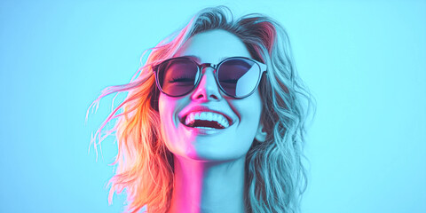 Fototapeta premium Joyful portrait close-up of a smiling woman in vibrant colors