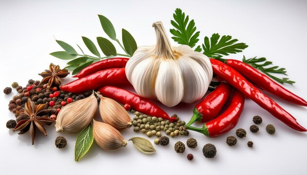 dried red hot chilli peppers garlic peppercorn mix bay leaves rosemary and fresh parsley herbs spicy aromatic ingredients for cuisine on white backg