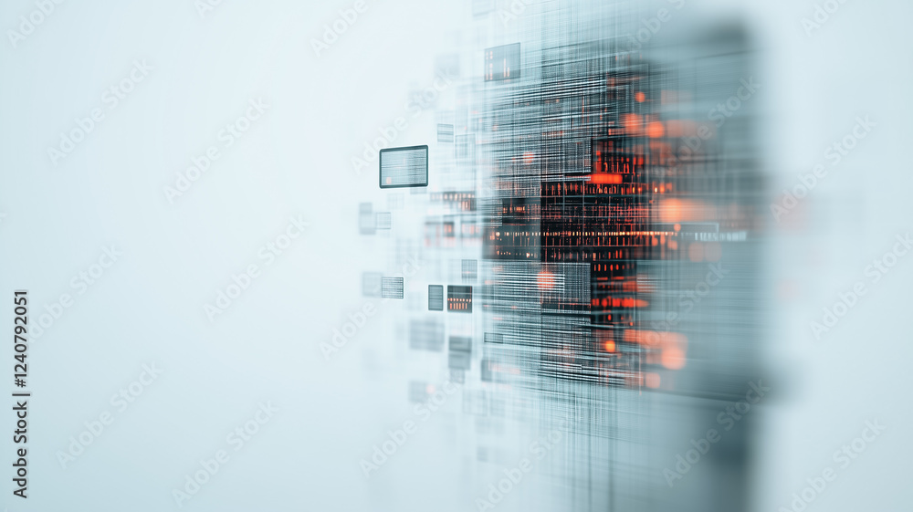 Poster digital flow: abstract digital data stream with glowing orange numbers and symbols, a dynamic repres