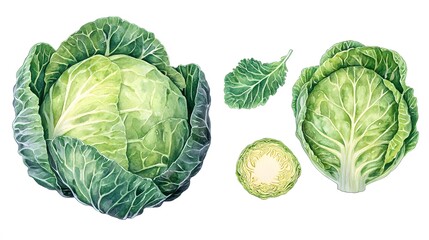 Fototapeta premium Watercolor Illustration of Green Cabbages and Leaves