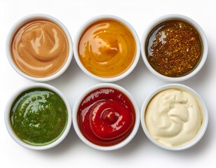 six different dipping sauces in small white bowls top view isolated cutout on white background