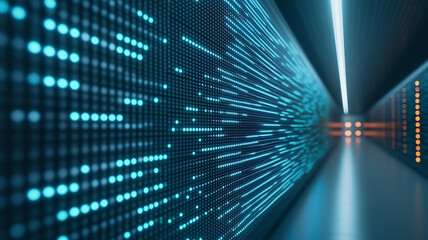 Digital Data Stream: Abstract representation of a massive data center, showcasing glowing blue streams of data flowing across a wall of servers.  The image evokes a sense of speed, innovation.