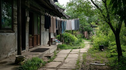 Serene chinese home with empty clothesline tranquil outdoors photography peaceful garden eye-level view symbol of simplicity