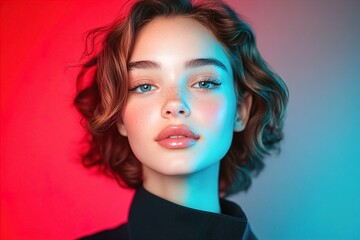 A young Caucasian woman with curly hair poses against a vibrant gradient background, featuring soft blue and red lighting. Colorful Glow, Dual-Tone Studio Lighting