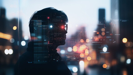 Digital Nomad at Dusk: A pensive silhouette of a person, superimposed with data streams, gazes out over a cityscape at twilight, embodying the modern digital lifestyle.