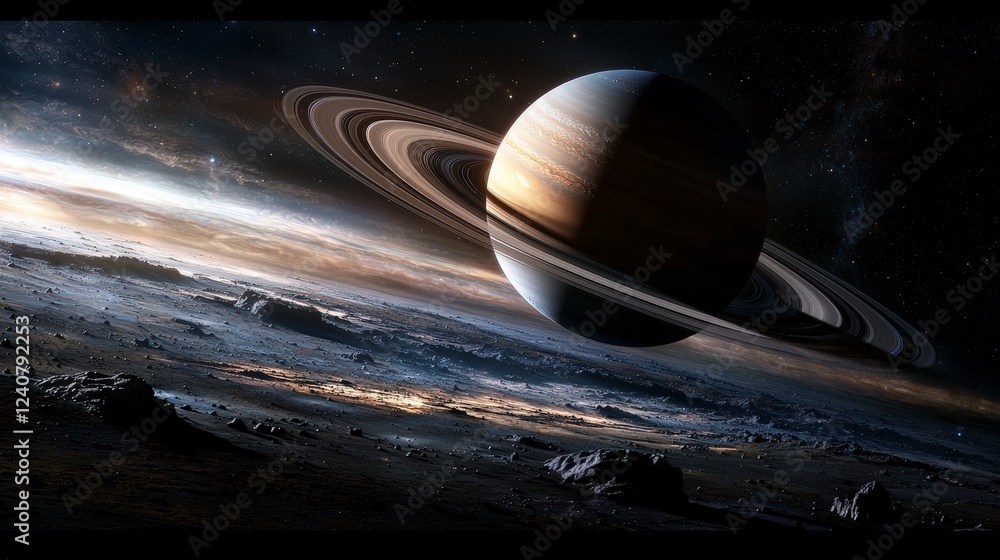 Poster stunning view of saturn and its rings outer space digital art cosmic environment sci-fi perspective 