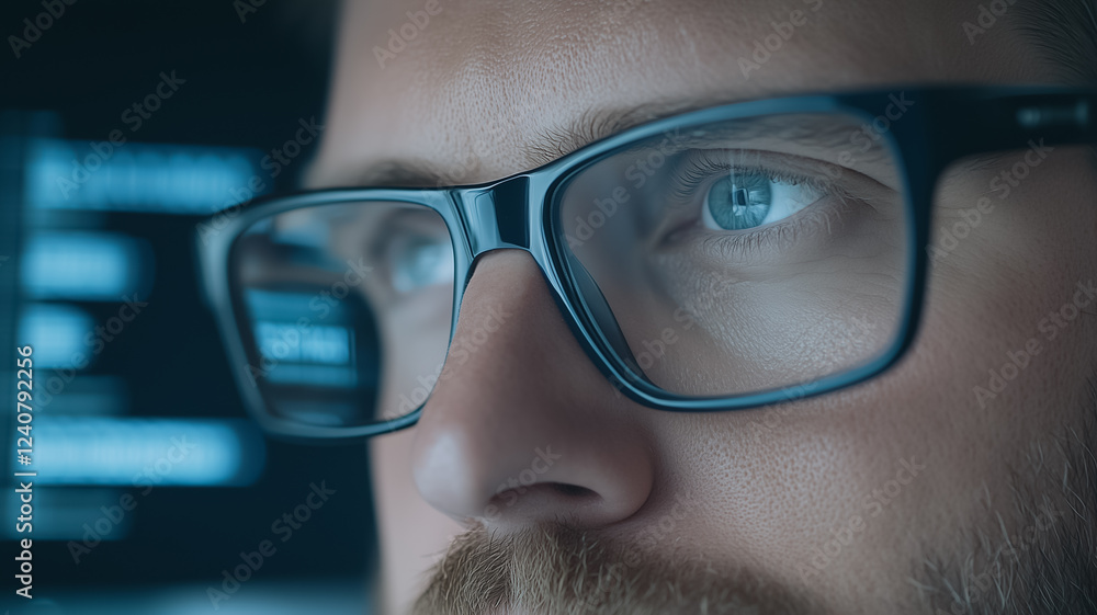 Poster focused programmer: close-up of a programmer's intense gaze, eyes reflecting the glow of a computer 