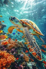Majestic Sea Turtle Swimming Through Vibrant Coral Reef