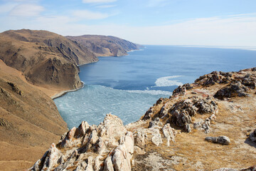 Beautiful spring landscape. Lake Baikal at the time of melting ice. 