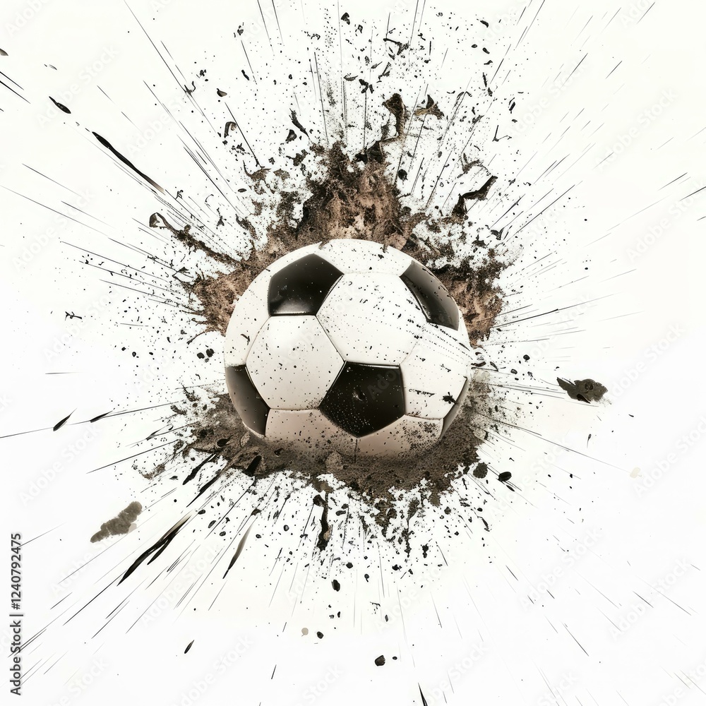 Poster soccer ball exploding from mud with dirt particles splashing on white background, representing power