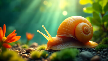 A Stunning Underwater Visualization of a Golden Apple Snail in its Aquatic Habitat Surrounded by Lush Greenery and Playful Sunlight