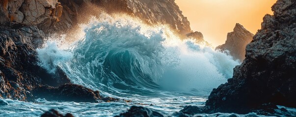 World water day with awareness and supply idea. Crashing waves against rocky shoreline at sunset.