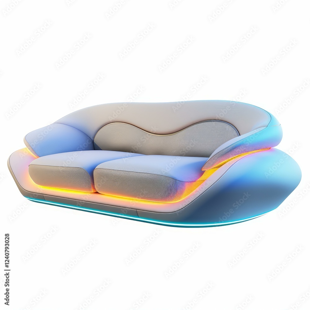 Poster futuristic white sofa with ambient lighting emanating a soft glow, creating a luxurious and modern a