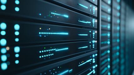 Data Center Power: An abstract close-up of a server rack, showcasing rows of gleaming blue lights. The image evokes the power, connectivity, and intricate workings within a modern data center.