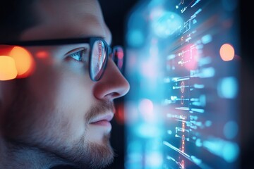 A focused individual analyzes digital data, illuminated by vibrant graphics, suggesting themes of technology and innovation.