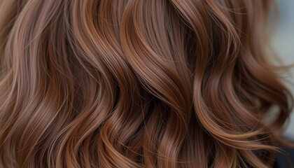 Fototapeta premium Close up of lustrous brown hair with soft waves and highlights showcasing natural beauty and texture. Perfect for fashion beauty and lifestyle content.