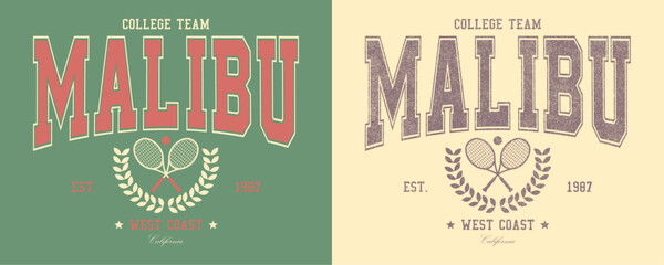 Malibu, college team, West Coast, California, retro college varsity typographic vector graphic.