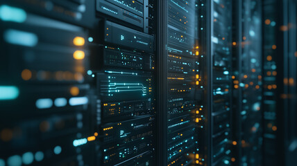 Naklejka premium Cyberpunk Server Room: Glowing teal and orange lights illuminate rows of sleek, futuristic servers in a darkened data center, creating a cyberpunk aesthetic.