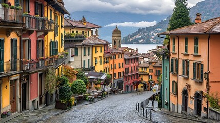 Obraz premium Colorful Italian hillside village street, lake view, autumn