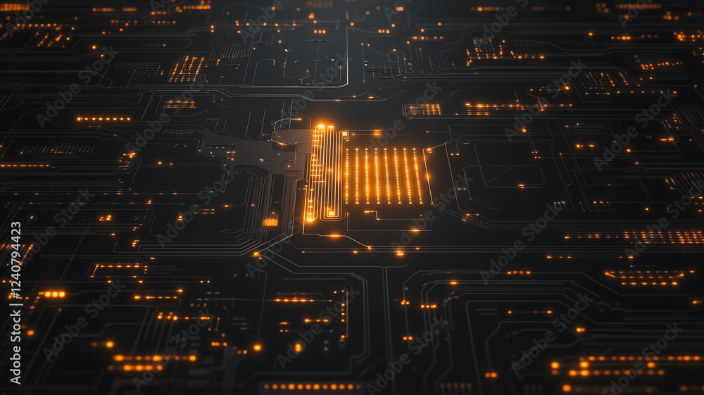 Poster glowing circuit board: abstract close-up of a complex circuit board with glowing orange pathways and