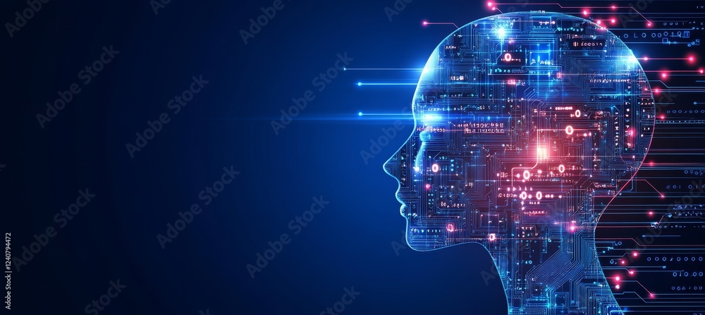 Poster abstract human head profile formed by circuit boards and binary code on blue background