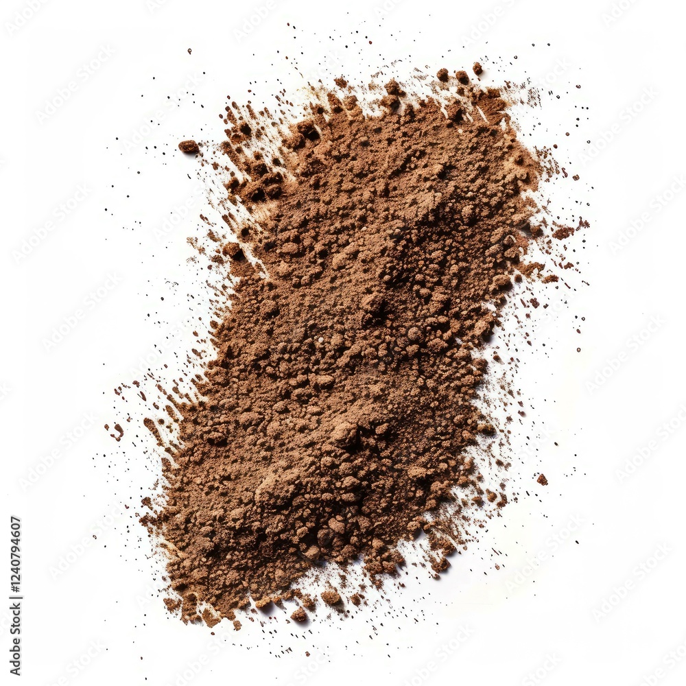 Poster pile of fine cocoa powder creating a splash on a white background