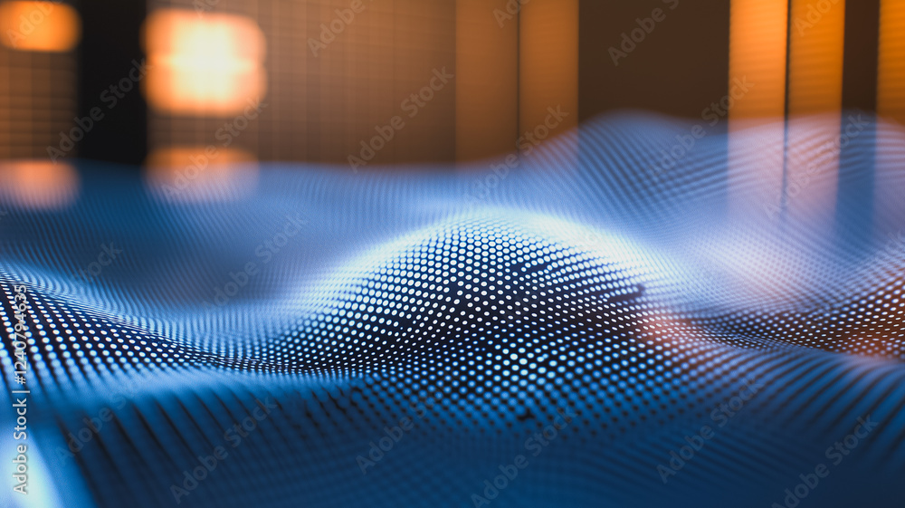 Poster abstract data flow: a mesmerizing digital landscape of glowing blue particles forming dynamic waves,