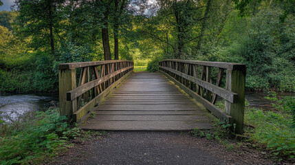 Obraz premium Wooden bridge in lush green forest over calm river scenic nature landscape peaceful hiking trail adventure travel photography