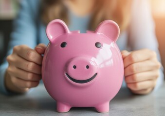 A person holds a cheerful pink piggy bank, symbolizing savings and financial goals, with a soft-focus background.