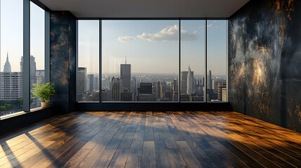 Modern Empty Room City View Apartment, Spacious Luxury Interior with Wooden Floors.