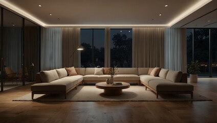 Fototapeta premium Spacious Modern Living Room with Sectional Sofa, Round Coffee Table, and Recessed Lighting