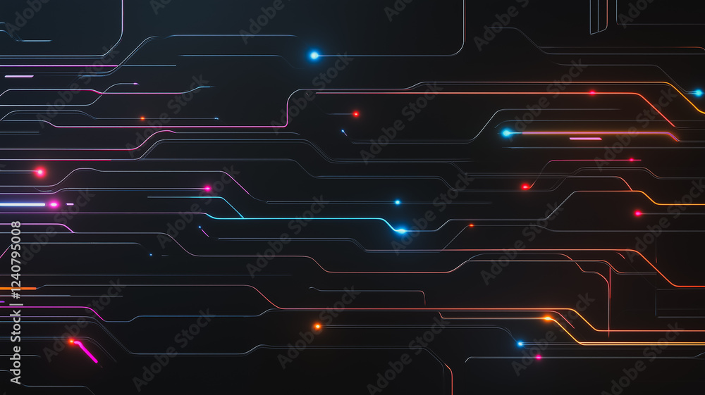 Poster abstract digital circuitry: glowing lines and nodes form an intricate network, pulsating with vibran