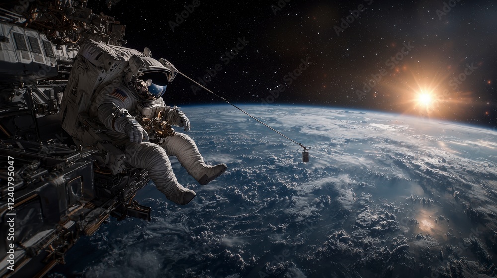 Poster astronaut floating in space earth in view space photography celestial environment perspective on exp