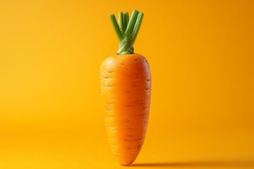 A Single Carrot Stands Upright Against A Vibrant Yellow Backdrop, Symbolizing Health, Freshness, And Simplicity.