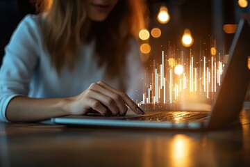 A woman interacts with a laptop in a dimly lit room, with glowing sound waves emanating from the screen, symbolizing data or music visualization.