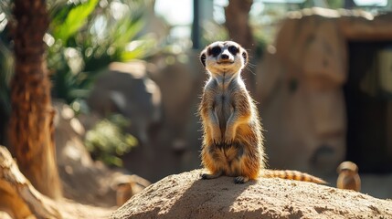 A curious meerkat stands on a rock, looking alert in its natural habitat, surrounded by greenery.