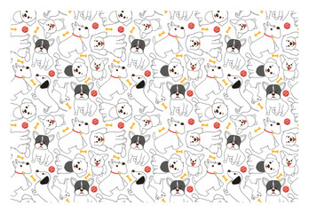 Seamless pattern with funny french bulldog puppy - characters with happy faces. Vector pattern for fabric, cover, wrapping paper.