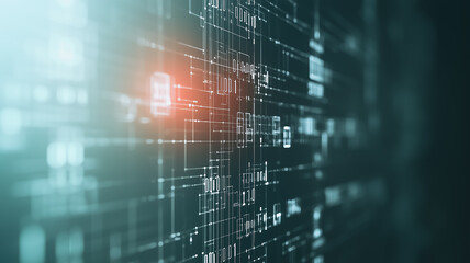 Cybersecurity Breach: A close-up view of a computer screen displaying a digital world filled with data and code, with a single red alert blinking, symbolizing a cybersecurity breach.