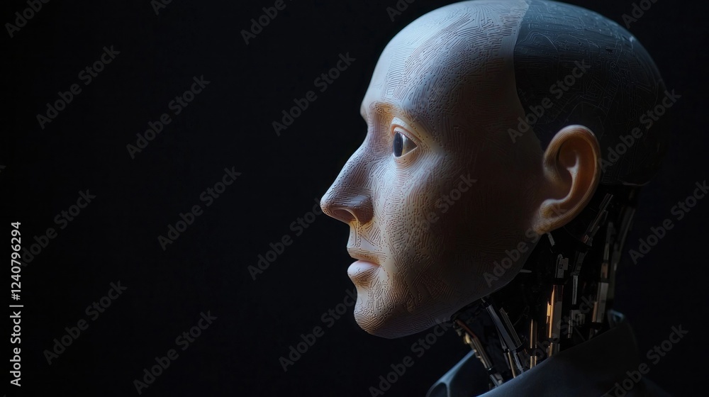 Poster Crafted with intricate details, a lifelike robot head stands against a dark background. Its expression and features evoke curiosity about the future of artificial intelligence and robotics