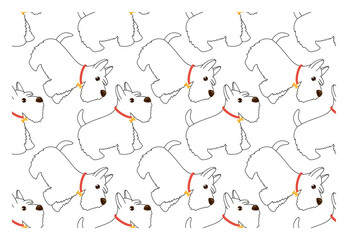 Adorable seamless pattern with funny dog in a red collar - characters with happy faces. Vector pattern for fabric, cover, wrapping paper.