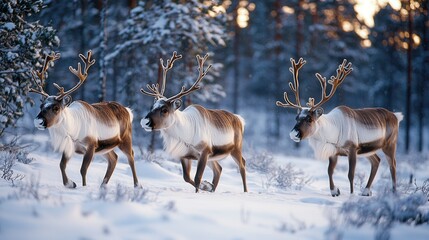 Obraz premium Three reindeer walking through a snowy forest, surrounded by trees, showcasing a serene winter landscape.