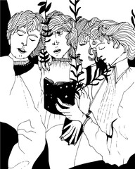 Groupe de quatre jeunes hommes élégants qui chantent avec un livre et des plantes. Style graphique naïf noir et blanc, inspiration Renaissance italienne. Illustration noir et blanc au trait. 