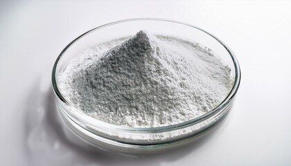 petri dish with calcium carbonate powder on white background