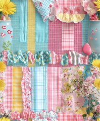 Colorful Pastel Fabrics with Flowers and Decorative Elements
